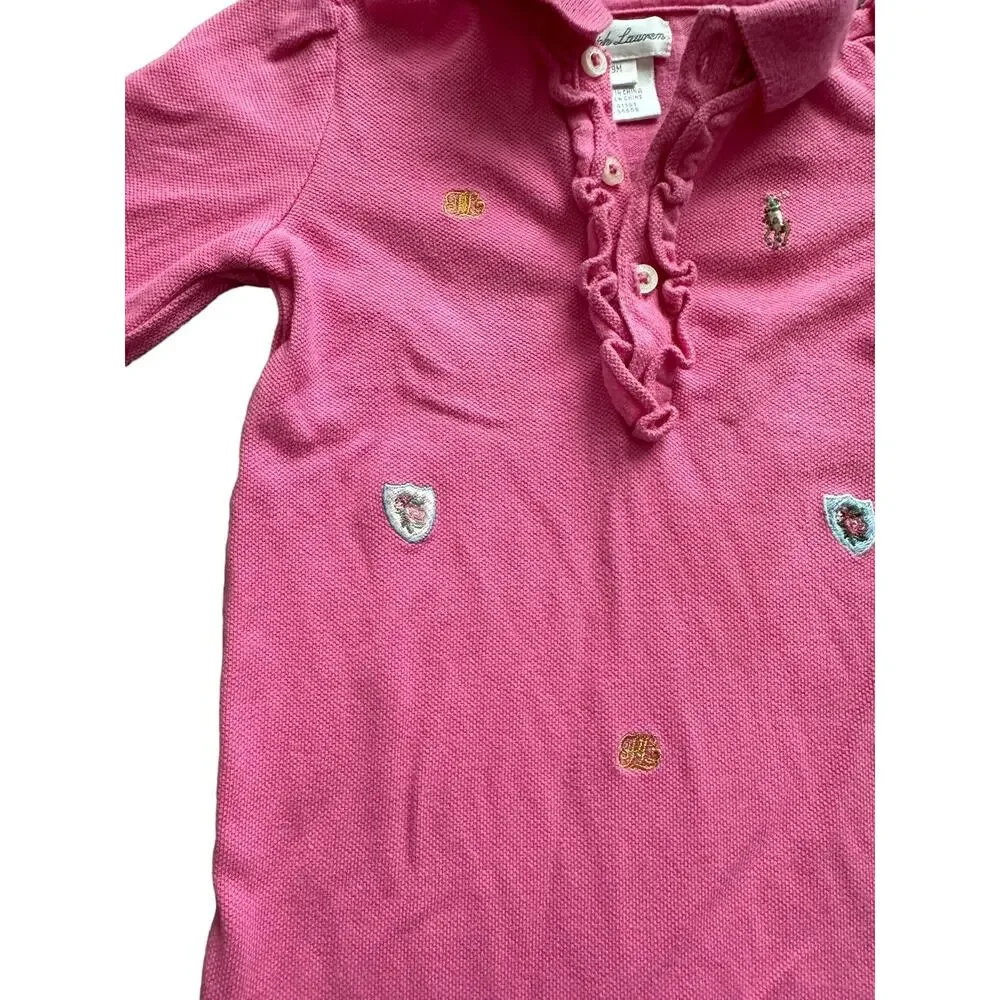 Ralph Lauren Babies 9M Pink and Logo Long Sleeve Button Up Neck One Piece
